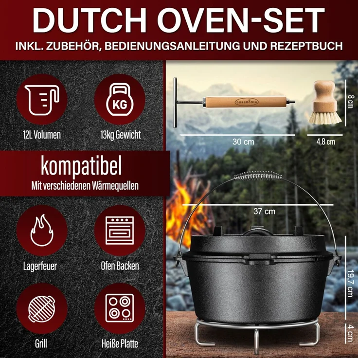 Dutch Oven 12 l ohne Füße – eingebrannt & sofort einsatzbereit, inkl. 2in1 Deckelheber, Reinigungsbürste, Edelstahl-Untersetzer, Rezeptbuch & Pflegeanleitung – Bild 2