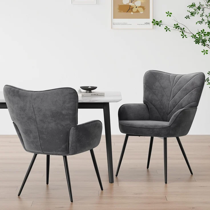 COLAMY Esszimmerstühle mit Armlehnen 2er Set, Stühle Esszimmer mit Rückenlehne, Polsternder Küchenstühle Gepolstert mit Wingback, Dining Chairs mit Holzbeinen für Esszimmer, Küche, Restaurant, Grau