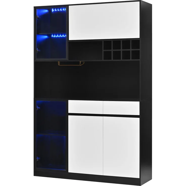 Mehrzweck Hochschrank mit LED Beleuchtung, Vitrine, Sideboard Schrank, Aufbewahrungsschrank mit Türen und Schubladen, modernes Wohnzimmerschrank Möbel für Küche, Esszimmer und Büro--Schwarz, Weiß--120x35x180cm--YOUDENOVA – Bild 10