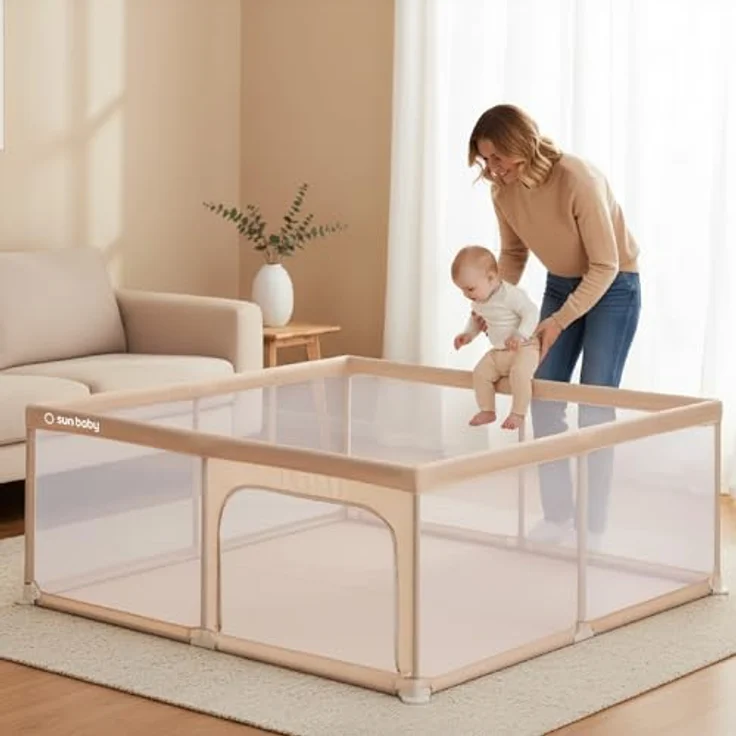 sun baby Laufstall 150x200 cm 0-2 Jahre Beige, Polyester, Netzwände, Eingang mit Reißverschluss, rutschfeste Füße, Tragetasche im Set, Metallrahmen – Bild 5