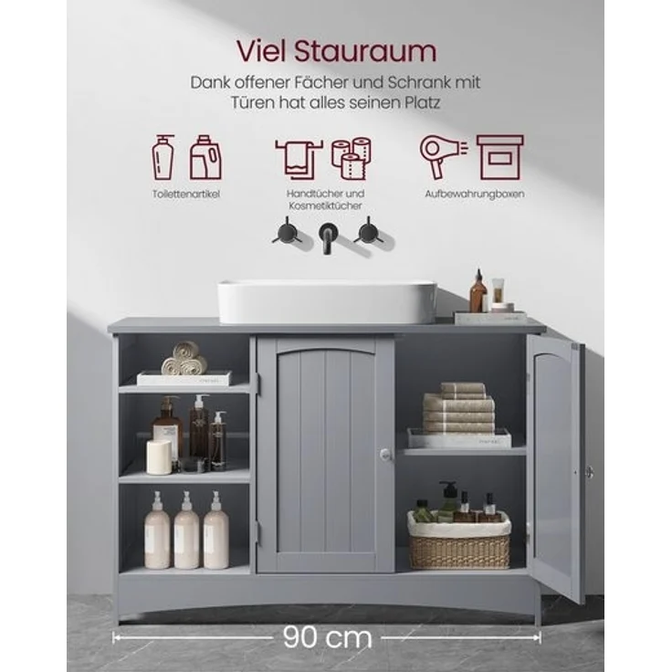 Vasagle Waschbeckenunterschrank höhenverstellbare Ablagen, 90 x 30 x 60 cm, Taubengrau – Bild 3