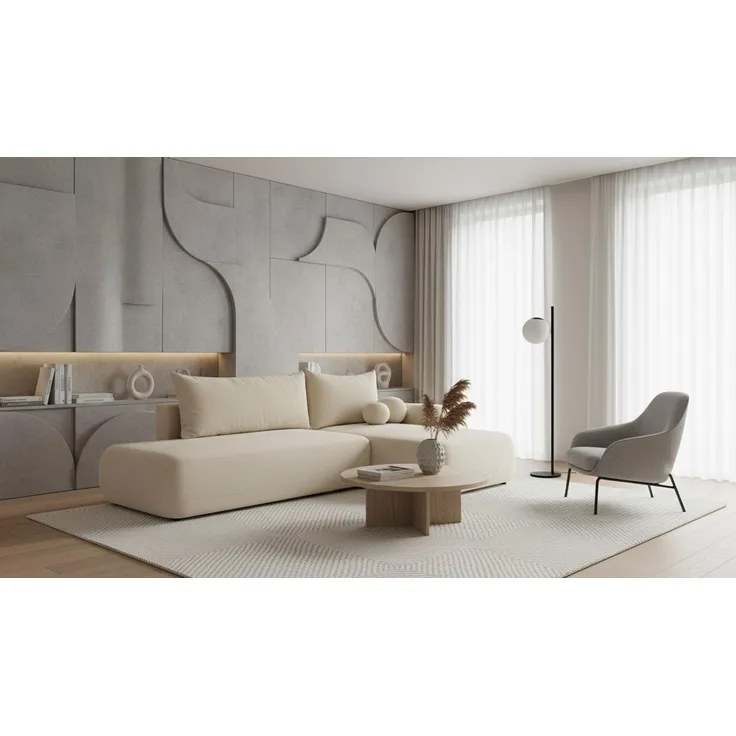 Wohnero24 Ecksofa FIRELLI Rechts 300×190 cm – Modernes Schlafsofa mit Bettkasten – Weicher Velours Stoff Creme – Schlaffläche 225×140 cm