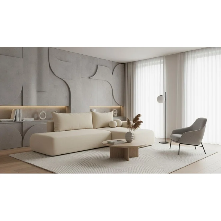 Wohnero24 Ecksofa FIRELLI Rechts 300×190 cm – Modernes Schlafsofa mit Bettkasten – Weicher Velours Stoff Creme – Schlaffläche 225×140 cm – Bild 1