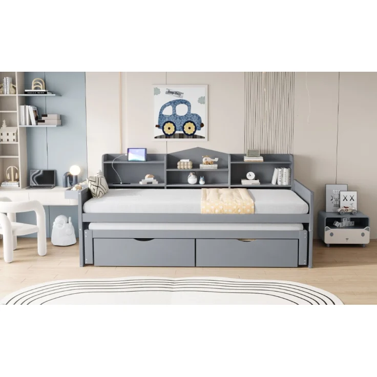 Schlafsofa mit Sitz- und Liegefläche 90x200 cm, Grau, Ausziehbett 90x190 cm und Stauraum – Bild 6