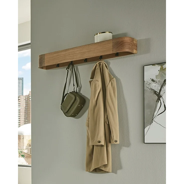 Haku Wandgarderobe aus Akazie Massivholz mit 7 Garderobenhaken aus Metall, schwarz-braun, 100x20x13 cm – Bild 5