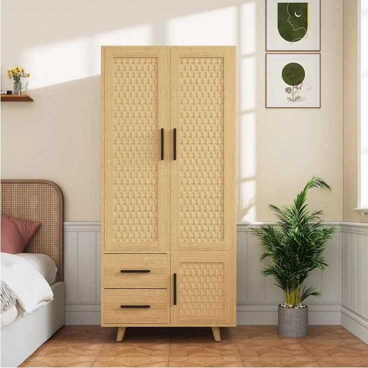 FUROKOY Kleiderschrank Drehtürenschrank mit 3 Schranktüren aus Rattan Garderobenschrank mit 2 Kleiderstangen,2 Schubladen – Bild 5