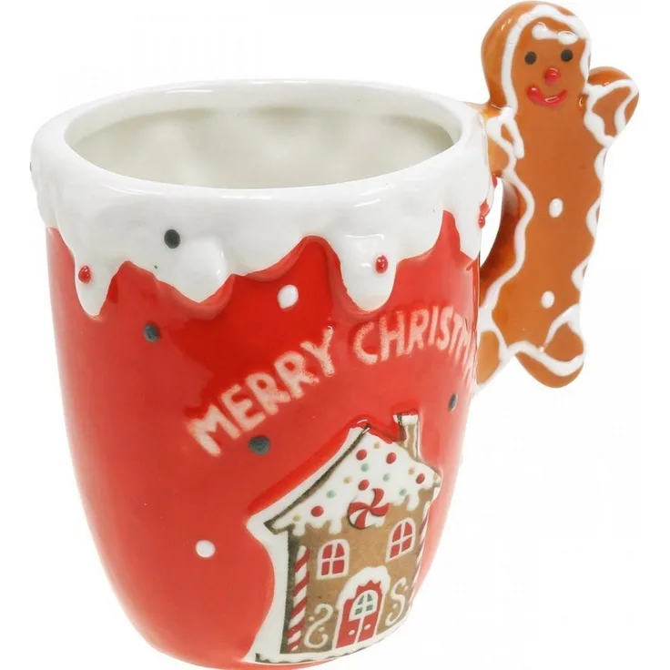 Decoris season decorations Becher, Keramik, Tasse mit Lebkuchenmann Keramik 12cm rot / weiß, 1 Stück sortiert