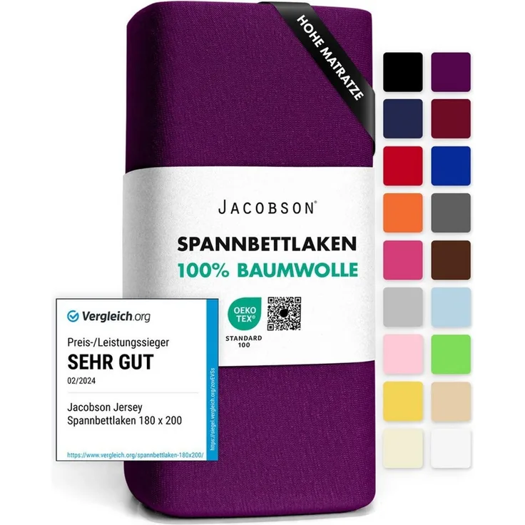 Jacobson Spannbettlaken BOXSPRING & ÜBERLÄNGE aus 100% Baumwolle, für hohe & lange Matratzen, Jersey Bettlaken 160 g/m²