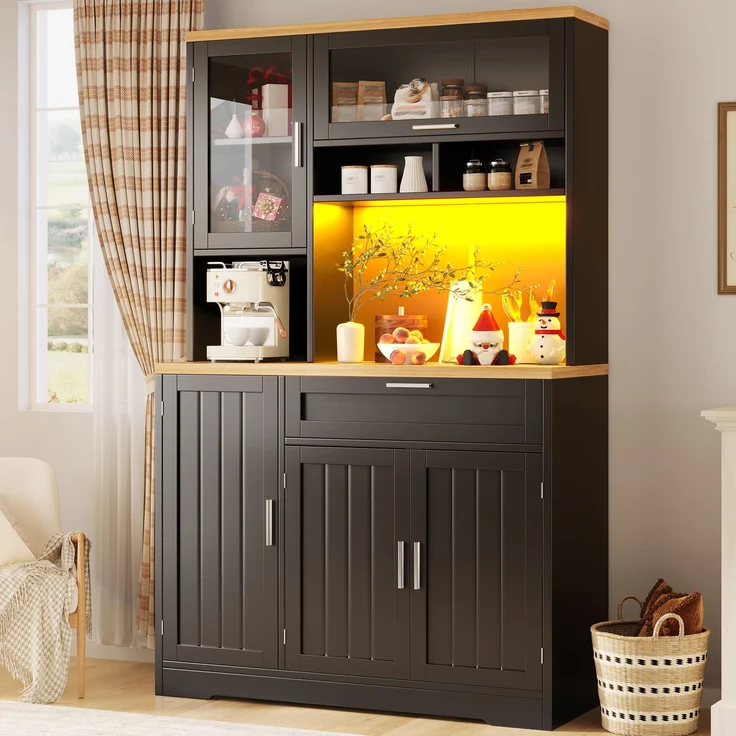 Küchenschrank, Hochschrank / Vitrine mit LED-Beleuchtung, 104x40x180 cm, weiß/schwarz, für Küche & Wohnzimmer--Schwarz--104x40x180cm--YOUDENOVA – Bild 4