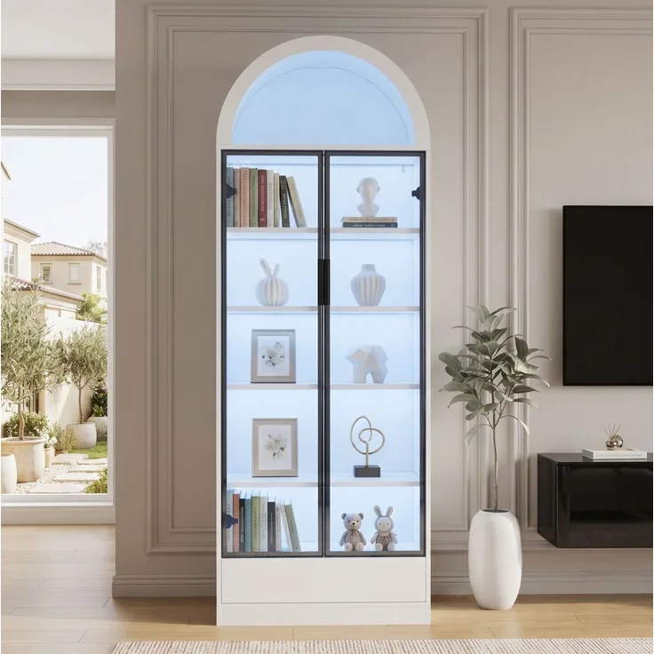 Glasvitrine mit LED-Beleuchtung, App-Steuerung und Schublade, 70x38x190 cm, Weiß