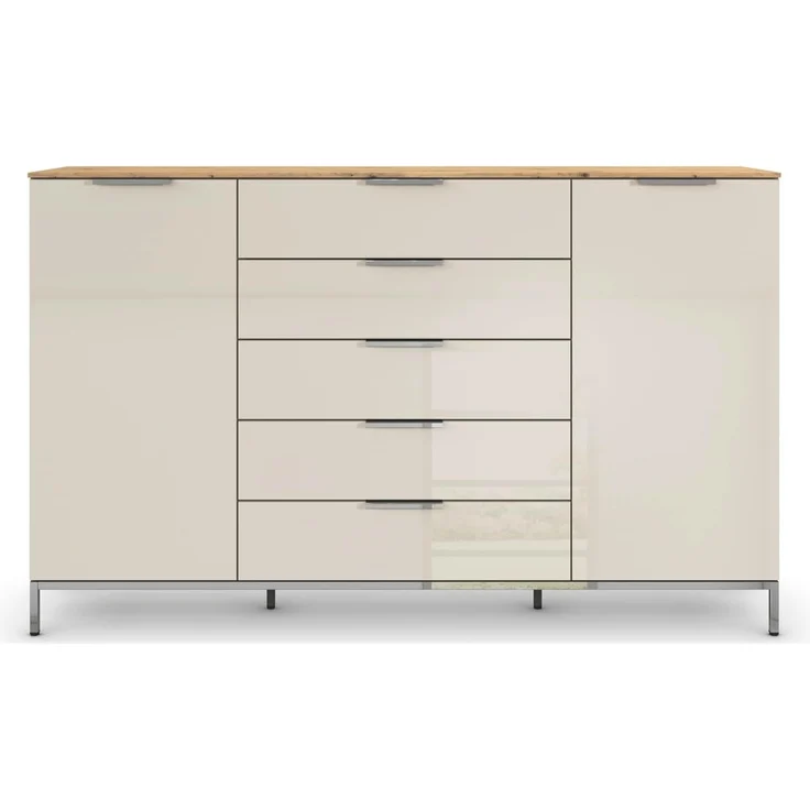Rauch Möbel Flipp, Nachttisch für Schlafzimmer, Flur, Garderobe, 2-türig, 5 Schubladen, mit Softclose-Funktion, Griffe und Metallkufe Chrom, Farbe Eiche Artisan, Holz/Glas Beige, Breite 180 cm – Bild 5