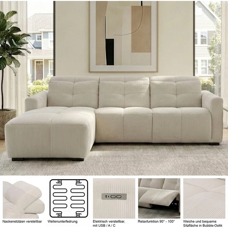 OTTO home Ecksofa CAARLA Cord, L-Form, 261 cm, man. oder elektr. Relaxfunktion (USB-A/C), mit USB-A und USB-C bei elektrischer Ausführung, Kopfteilverstellung – Bild 3
