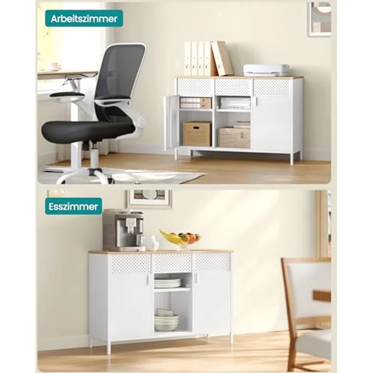 SONGMICS Aufbewahrungsschrank, Metallschrank, Schrank mit Doppeltür, Sideboard, Magnetverschluss, verstellbare Einlegeböden, Stahlgestell, mattweiß-eichenbeige LSC204WC01 – Bild 7