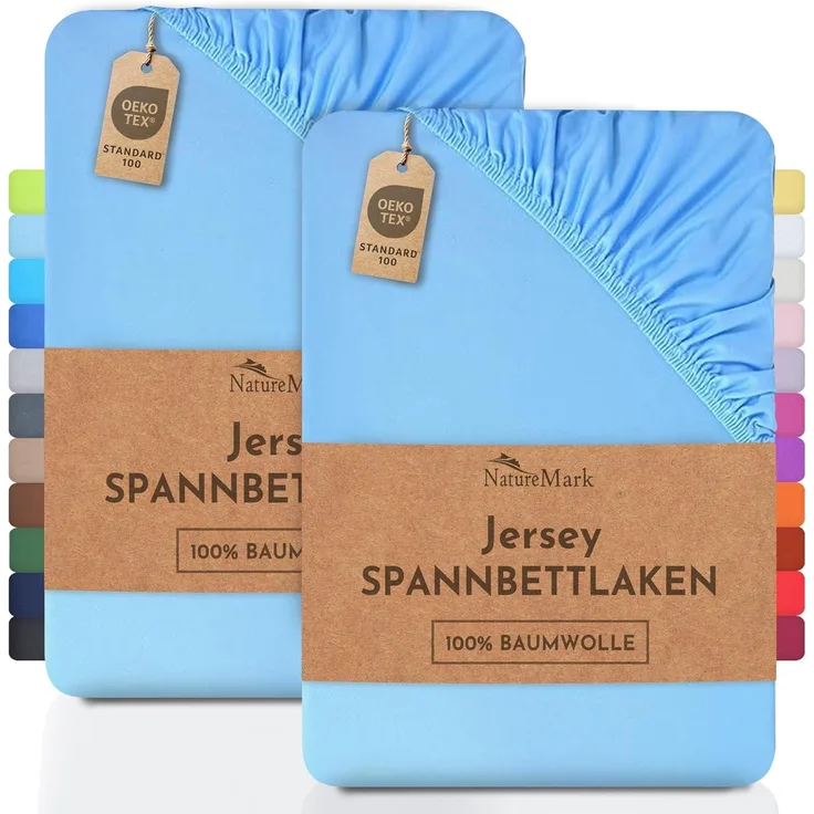 NatureMark 2er Pack Kinder JERSEY Spannbettlaken, Spannbetttuch 100% Baumwolle in vielen Größen und Farben MARKENQUALITÄT ÖKOTEX STANDARD 100 | 70x140 cm - hell blau
