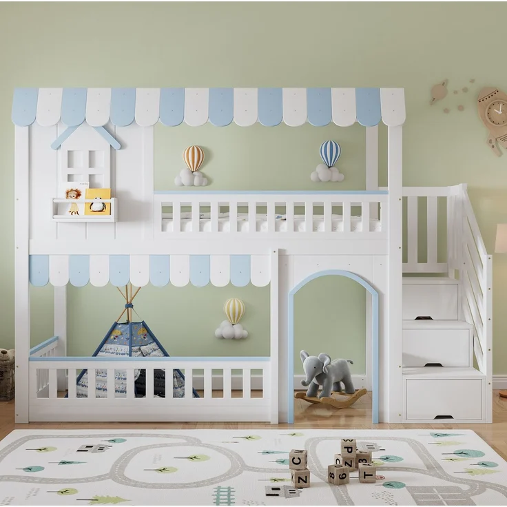 Etagenbett mit Regal, Schrank, Lattenrost, Tür und Treppe, 90x200cm, Kinderbett mit Rausfallschutz, Hochbett, Kiefer – Bild 2