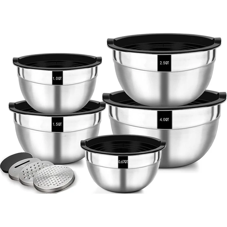 Wildone 5er Edelstahl Salatschüssel Set luftdicht Deckel 4.5l 2.7l 1.6l 1.1l