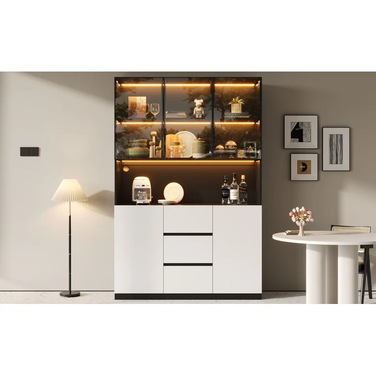 ZUBALIYA LED-beleuchtete Glasvitrine 120×40×200 cm – Vitrine aus gehärtetem Glas mit offenen Regalen, drei Schubladen und zwei Türen. Ein vielseitiger Schrank, der sich für Wohn- und Esszimmer eignet. – Bild 14