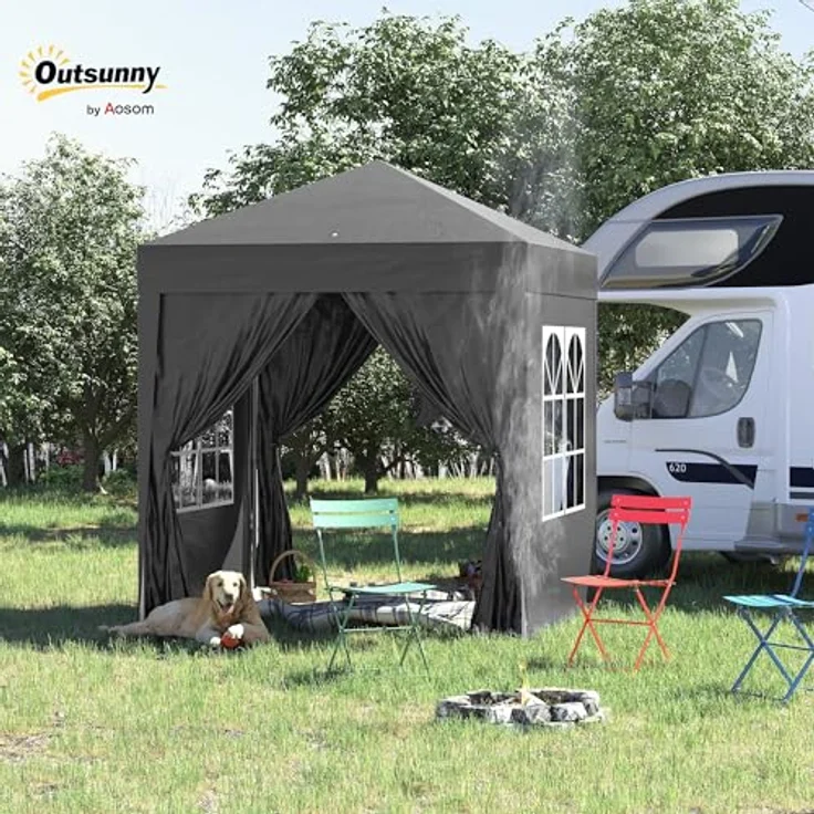 Outsunny Pavillon 2x2m, wasserdichtes Pop-up Faltzelt mit 4 Seitenwänden, Abflusslöchern und Fenster, UV 30+, tragbar, schwarz – Bild 2