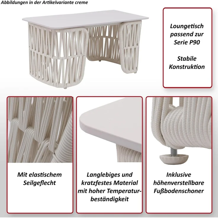 Loungetisch HWC-P90, Gartentisch Balkontisch Outdoor, Seilgeflecht Rope Sinterstein 43x90x45cm ~ hellgrau, Platte grau – Bild 2