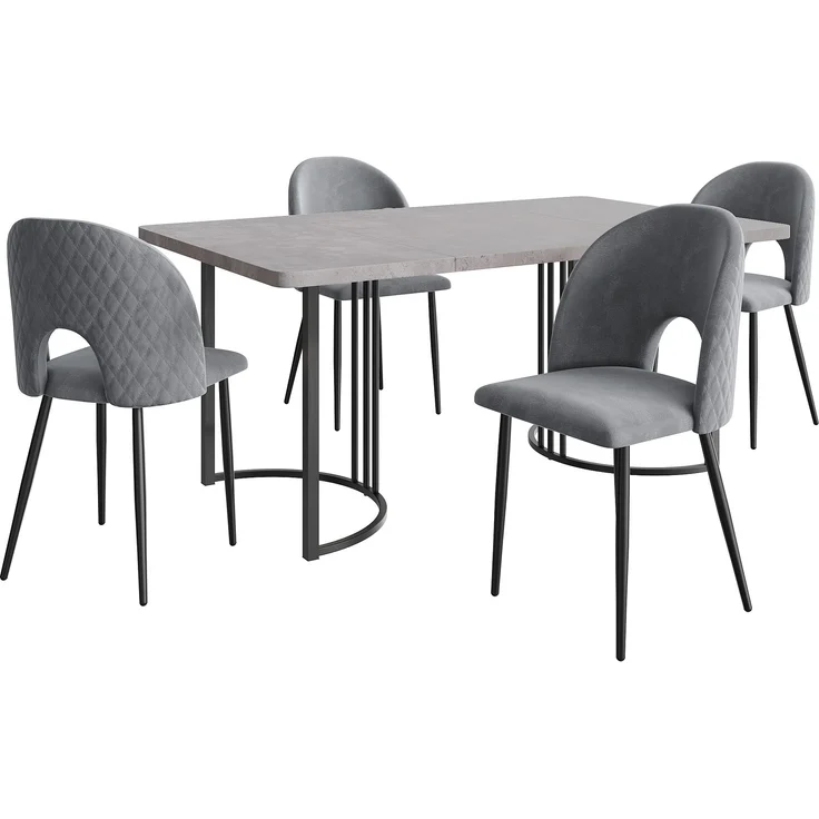Essgruppe 5-teilig mit Grau Marmor-Optik Esstisch 140x80 cm & 4 grau Samt Esszimmerstühlen, Küchen Tischset – Bild 2