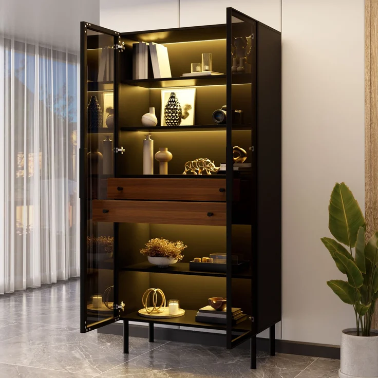Vitrine 70x36x170 cm in Schwarz mit Glasfront, LED-App-Steuerung und 2 Schubladen – Bild 1