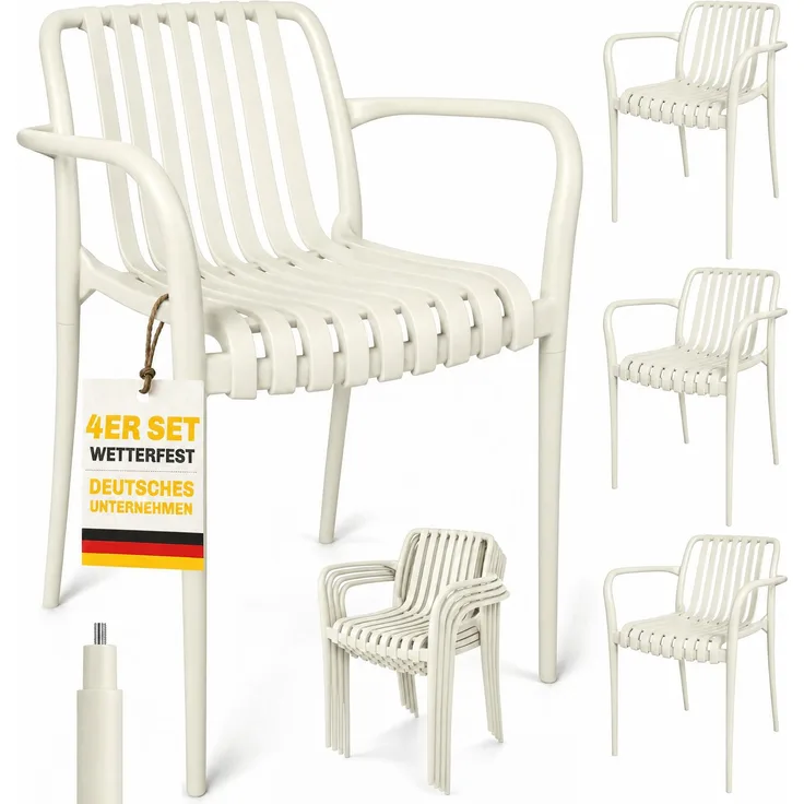 MELAYR, Gartenstühle 4er Set Stapelbare Terrassenstühle mit Lamelldesign Armlehnen, 58.5 x 55 x 81.5 cm, Cremeweiß