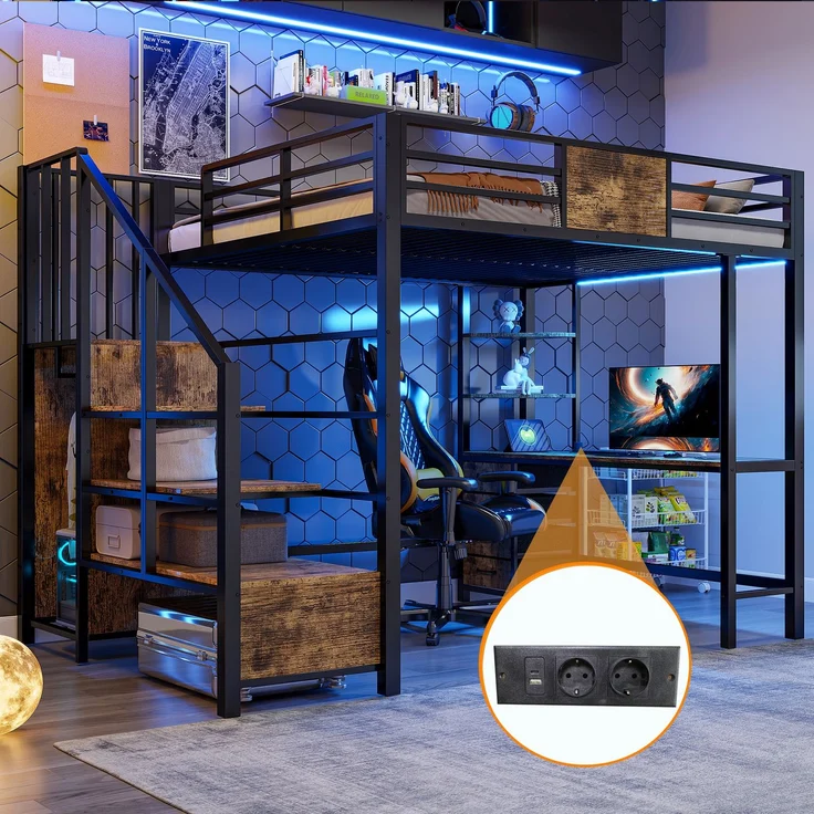 EINHOM Hochbett 140x200 cm, mit Schreibtisch, Ablagefächern, Kleiderstange, LED-Beleuchtung & Steckdose, Schwarz – Bild 5