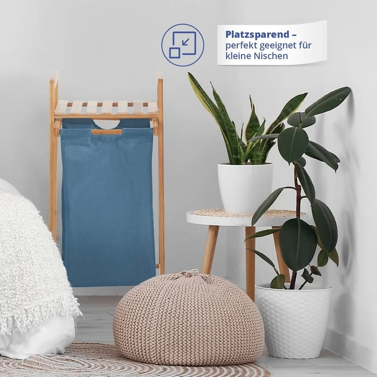 Lumaland Wäschekorb Bambus 33x33x73cm holzfarben/blau Wäschesack ausziehbar – Bild 6