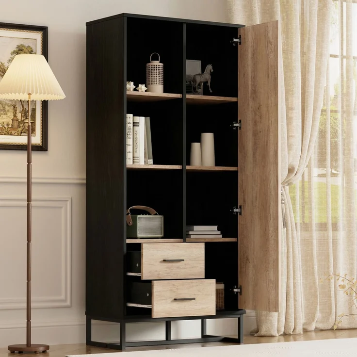 Moderner Highboard Schrank 80x40x180 cm – Holzoptik mit schwarzem Rahmen, mit Tür, 2 Schubladen & 3 offenen Fächern – Vielseitiger Stauraum für Wohnzimmer, Büro & Flur--Schwarz, Holz--80x40x180cm--YOUDENOVA – Bild 3