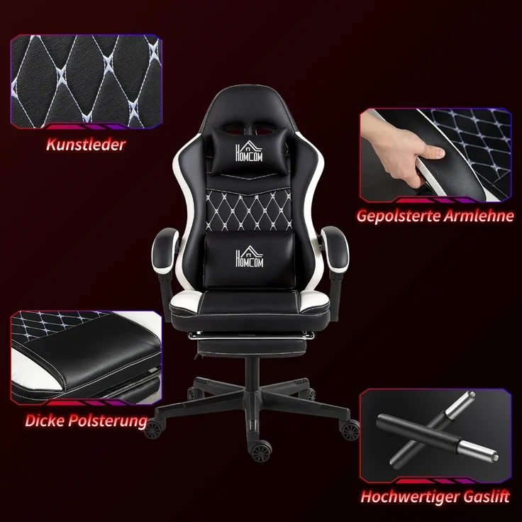 HOMCOM Gaming Stuhl Ergonomischer Gamer Stuhl mit Lendenwirbelstütze, Fußstütze, Höhenverstellbar Gaming Sessel mit Kopfkissen, Liegefunktion Bürostuhl mit Diamantgenähtem Muster Kunstleder Grün – Bild 7