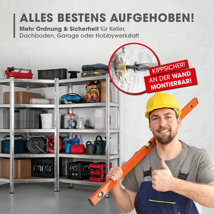 EASYmaxx Schwerlastregal 180 x 90 x 40 cm | Eckregal & 2 Lagerregal | 2625 kg Traglast, 175 kg pro Ebene | Regal und Werkbank | Kellerregal, Lagerregal mit 15 verstellbaren Ablagen – Bild 8