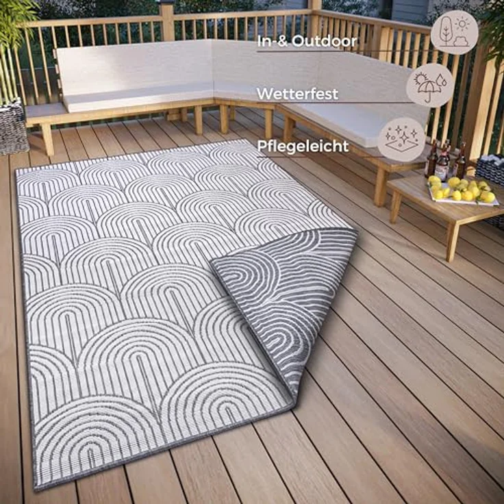 Hanse Home Pangli Outdoor Teppich Wetterfest – Wendeteppich Skandinavischer Boho Style Wasserfest Einfarbig Geometrisch 3D-Effekt für Garten, Balkon, Terrasse, Wohnzimmer – Silber, 240x330cm – Bild 3