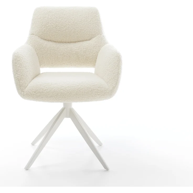 Drehstuhl Yago-Flex mit Armlehnen Teddystoff Beige Kreuzgestell breit Weiß 360° drehbar Wippfunktion Taschenfederkern – Bild 2