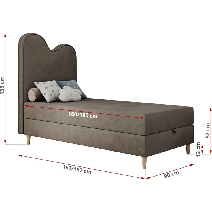 Kinderbett FLOW, Boxspringbett für Kinder, mit hohem Kopfteil, Einzelbett mit Matratze - 90x180 - Braun Velvet - Topper T25