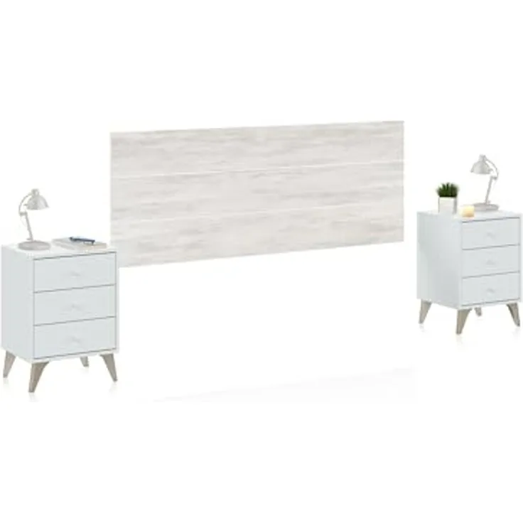 Habitdesign, modernes Kopfteil mit 2 Nachttischen für Doppelbett, Schlafzimmer-Set in Artik weiß & Velho-Weiß, viel Stauraum, Maße: 240 x 116 x 33,5 cm (B x H x T), Modell Sweet