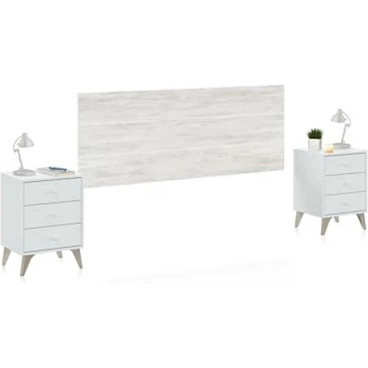 Habitdesign, modernes Kopfteil mit 2 Nachttischen für Doppelbett, Schlafzimmer-Set in Artik weiß & Velho-Weiß, viel Stauraum, Maße: 240 x 116 x 33,5 cm (B x H x T), Modell Sweet – Bild 1