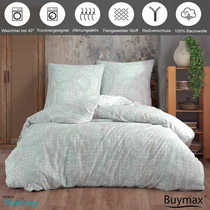 Buymax Bettwäsche, Renforcé, 3 teilig, 100% Baumwolle Renforce Kissenbezug 80x80 cm mit Reißverschluss Geometrisch, Grün Rosa – Bild 2