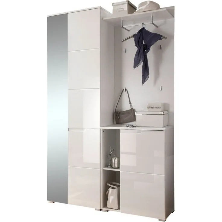 moebel-dich-auf Kompaktgarderobe SLICE (Garderobenschrank + Paneel + Schuhschrank, weiß / MDF weiß Hochglanz) 120 cm breit