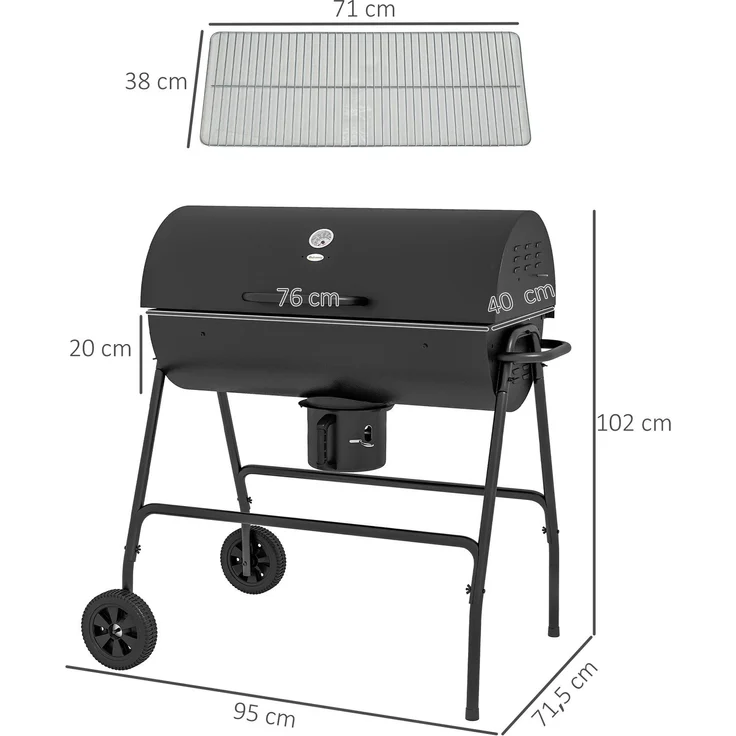 JARDJ Holzkohlegrill aus Metall BBQ Smoker mit Deckel Thermometer Räder Grillwagen 95x71,5x102 cm Schwarz – Bild 5
