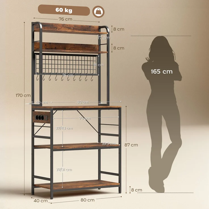 JARDJ Küchenregal mit Ladestation, 5 Ablagen und 10 S-Haken, aus Holz und Stahl, 80 x 40 x 170 cm, Braun – Bild 5