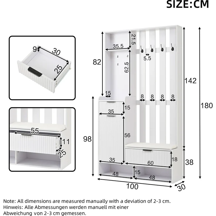 100*30*180cm Garderobenständer 6-in-1, mit 8 Haken, Schuhbank und Ablagen, Kippschutz,Kompaktgarderoben Mit Schubladen und Schränken,100cm breit,Schuhschrank, weiß--Weiß--100x30x180cm--YOUDENOVA – Bild 9
