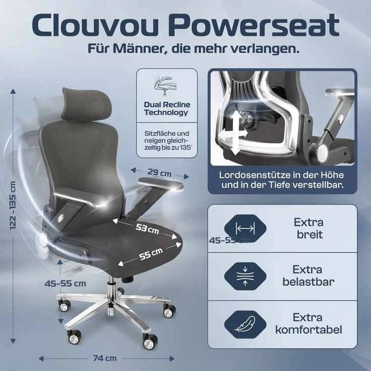 CLOUVOU PowerSeat, ergonomischer Bürostuhl, thermoregulative Materialien, 5D-Armlehnen, 3D-Kopfstütze, PhantomWheels, Anthrazit – Bild 2