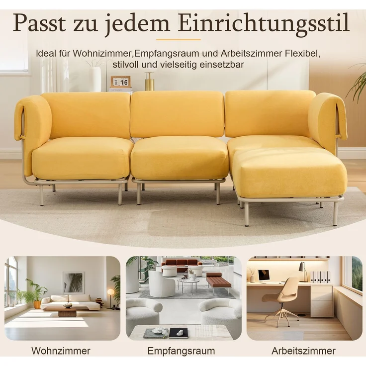 Modulares 3-Sitzer-Sofa mit Hocker, Chenille, 251x155x78 cm, Senfgelb – Bild 7