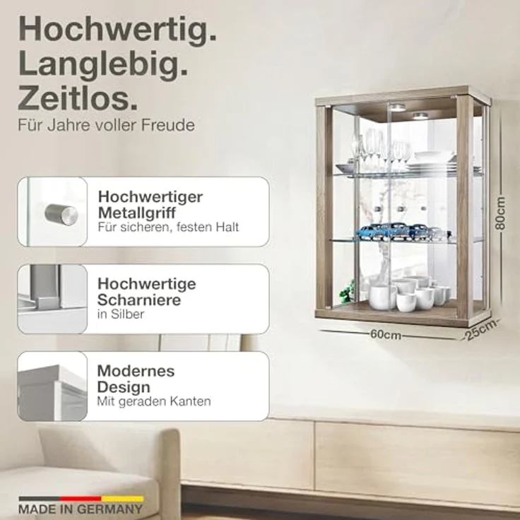 K-Möbel Hängevitrine, Sonoma Eiche Grau, Glas, 4 Fächer, Rechteckig, 60x80x25 cm, für Wohnzimmer und Wohnwände – Bild 3
