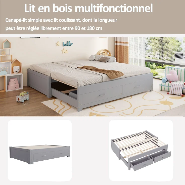 ZUBALIYA Tagesbett 90/180 × 190 cm, Holz, Ausziehbett, Schubladen, Lattenrost, Grau – Bild 6