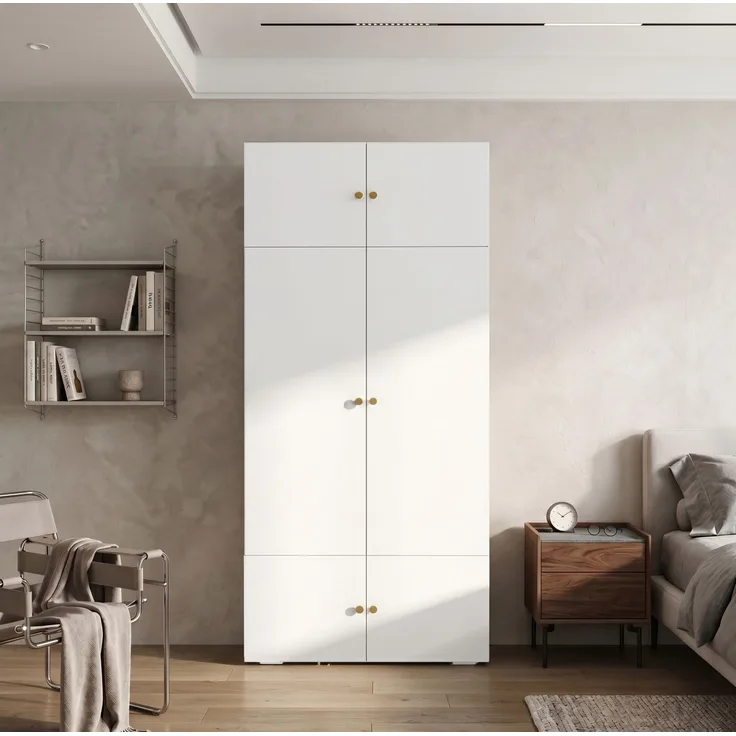 Kleiderschrank aus Spanplatte mit Kleiderstange und 5 Fächern, 90x50x200 cm, Weiß