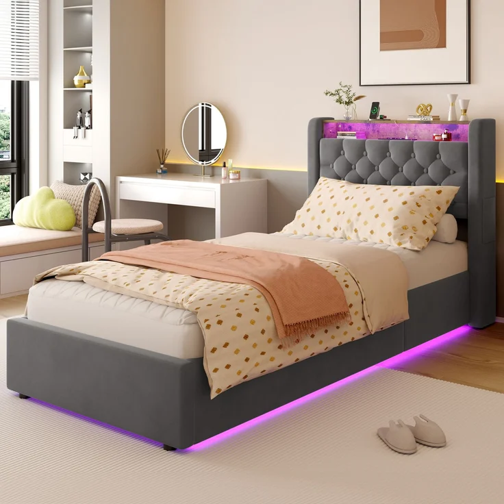 Polsterbett aus Holland-Velours mit LED, USB-C & hydraulischem Stauraum, ohne Matratze, 90x200 cm, Grau – Bild 9