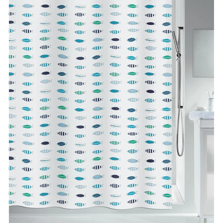 spirella Duschvorhang SANTORINI Breite 180 cm, Textil-Duschvorhang, 100% Polyester, wasserabweisend, Anti-Schimmel-Effekt, waschbar 30°, Made in Europe, Fische Motiv, Farbe weiß/blau, Größe 180 x 200 cm – Bild 4