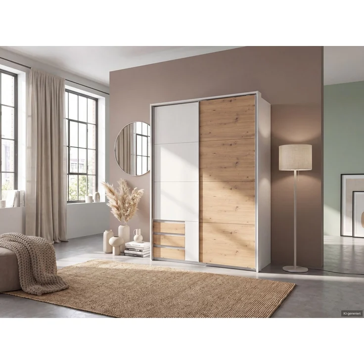 Schwebetürenschrank Kleiderschrank 138cm Weiß Passepartout Eiche Artisan Dekor – Bild 3