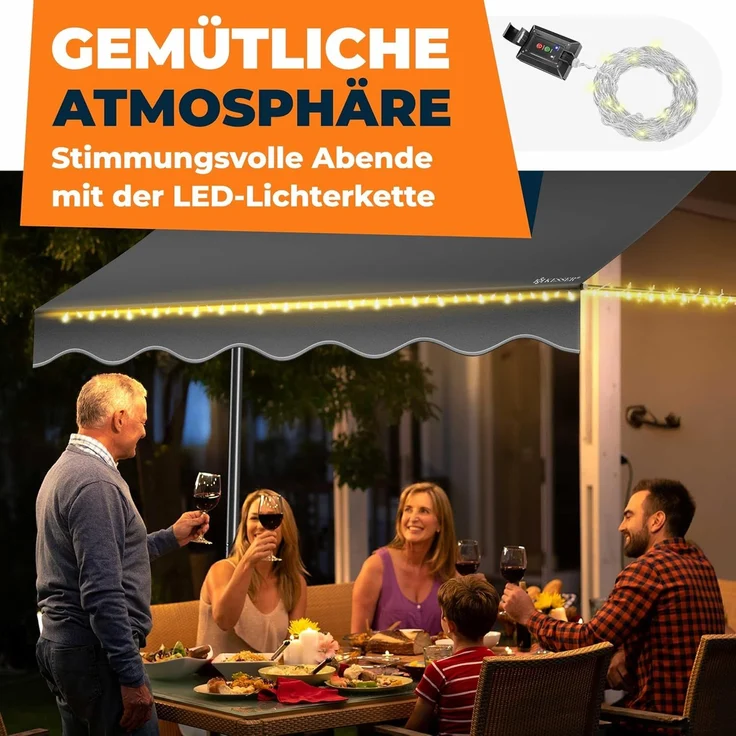 KESSER® Klemmmarkise mit Handkurbel & LED Lichterkette | Balkonmarkise ohne Bohren | Markise UV-beständig höhenverstellbar & wasserabweisend | Sonnenschutz für Balkon Terrasse & Garten Anthrazit, 200cm – Bild 6